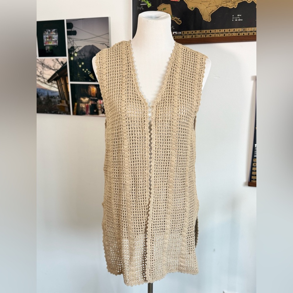 VTG Nipon Studio Crochet Open Cardigan Vest Shell Stitch Mesh M